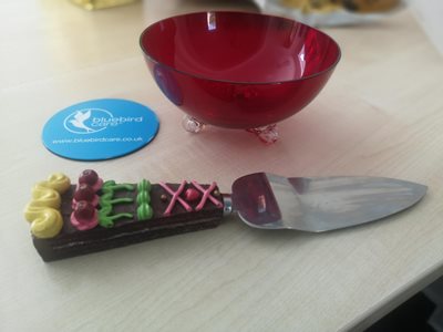 A cake slicer decorated by one of our Bluebird Care customers.
