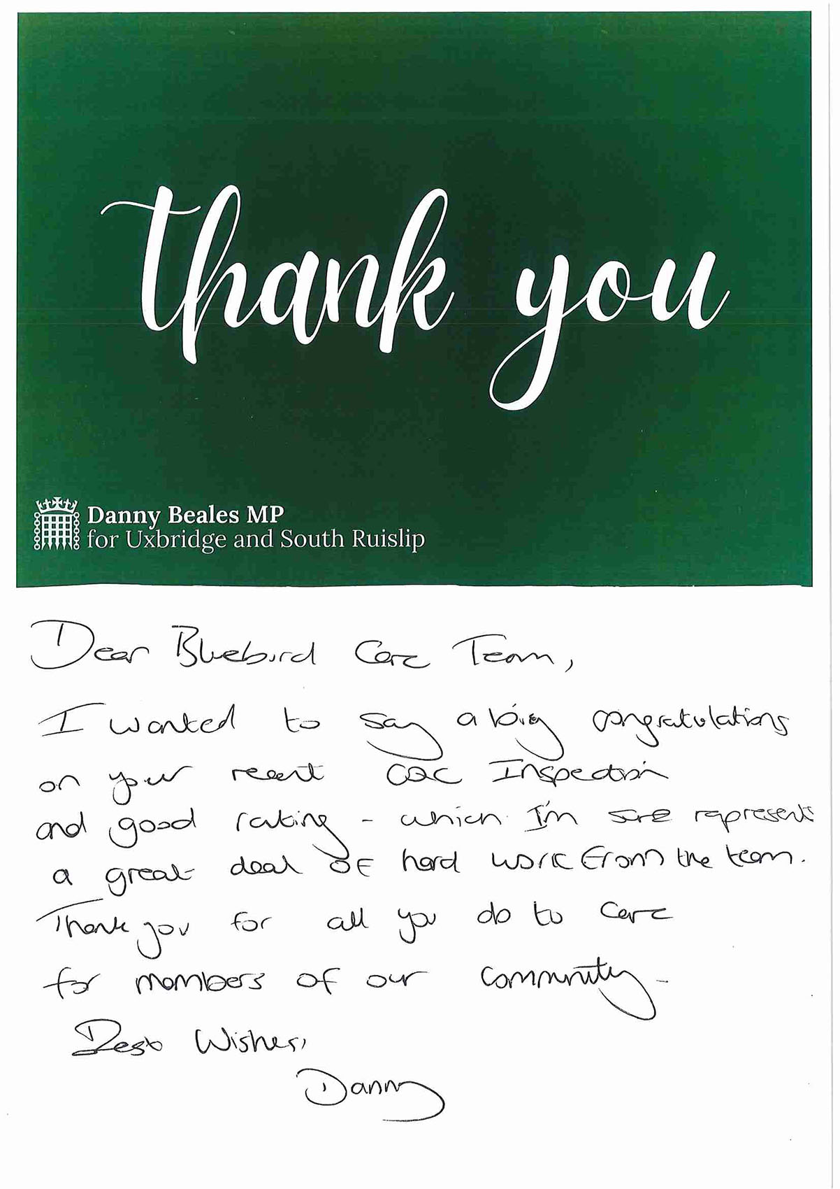 Bluebird Care Team Congratulated by Local MP Following CQC Success