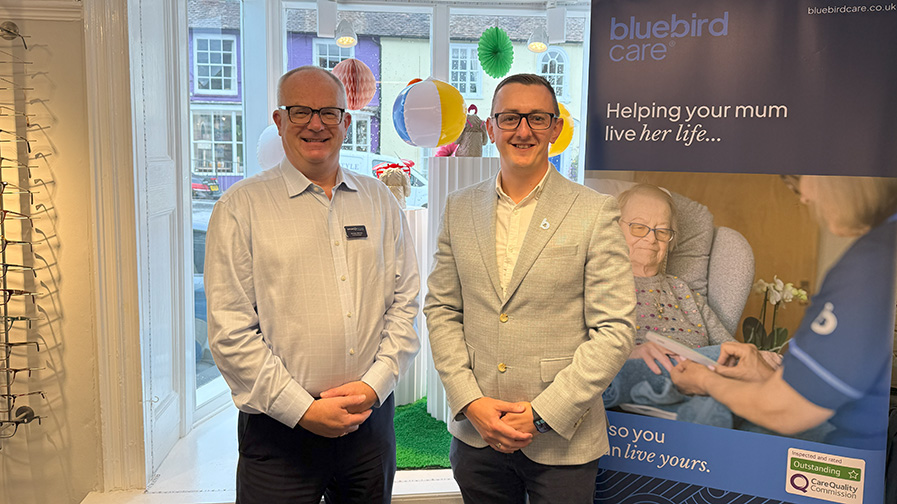 The team from Bluebird Care Alton, Petersfield & Havant uniting with Rawlings Opticians for enhanced community sensory support