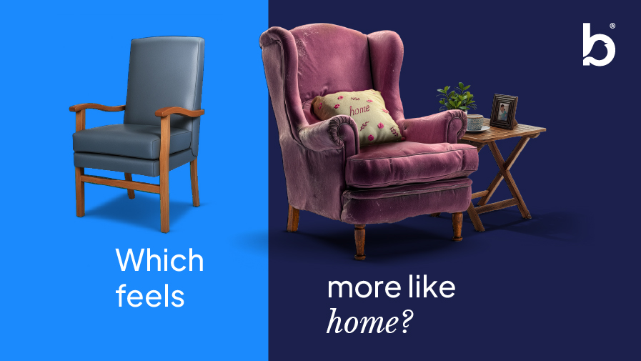 Bluebird Care asks which feels more like home - a care home, hospital-style chair, or a comfy armchair