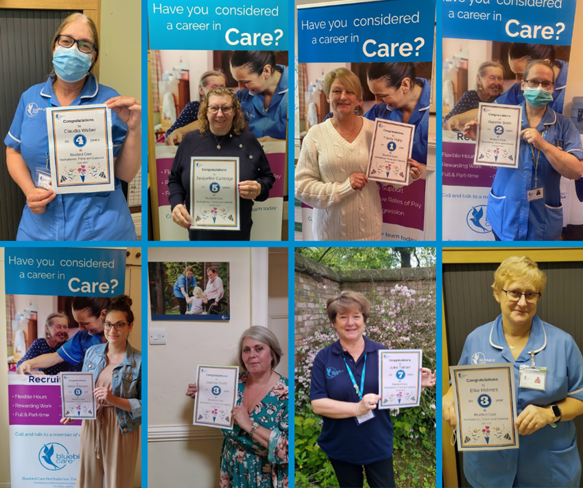 A collage of 8 Bluebird Care care assistants celebrating their work anniversary, holding a certificate and pin badge.