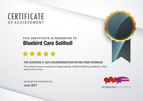 Working Feedback certificate of achievement for Bluebird Care Solihull