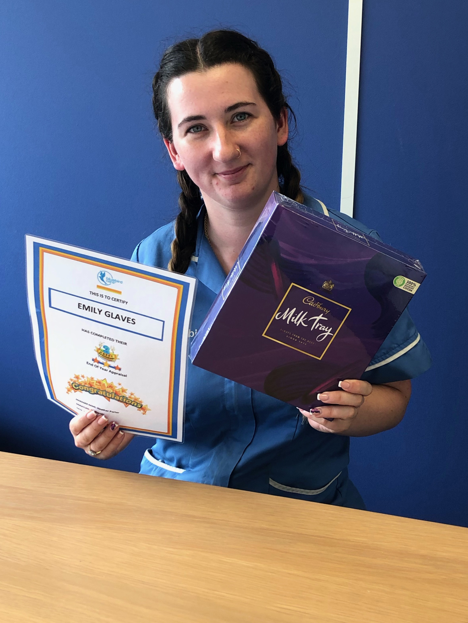 Emily Glaves, Newmarket and Fenland team member celebrating her 3rd year with Bluebird Care.